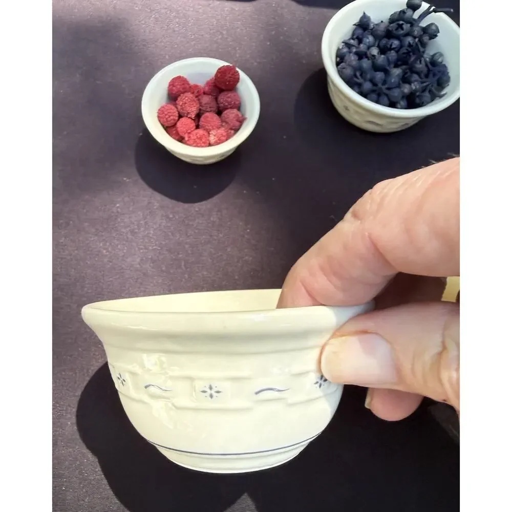 Longaberger Pottery Miniature Mixing Bowls Berries Dough Wrought Iron Stand Mint